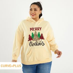 Christmas Women Plus Size Graphic Letter and Christmas Tree Print Long-sleeve Hooded Pullover