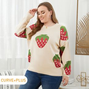 lässiger Pullover mit Erdbeermuster für Damen in Übergröße