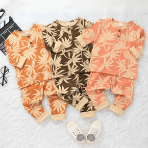 2-piece Toddler Boy Leaf Print Button Design Henley Shirt and Pants Set
