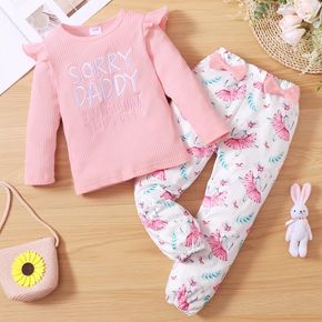 2-piece Toddler Girl Letter Embroidered Ruffled Long-sleeve Ribbed Pink Top and Bowknot Design Rabbit Print Pants Set