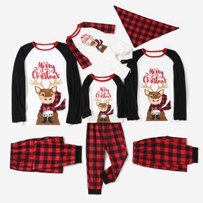 Merry Christmas Reindeer and Letter Print Raglan Long-sleeve Plaid Design Family Matching Pajamas Sets (Flame Resistant)