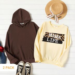 2-Pack Women Graphic Letter and Leopard Print Long-sleeve Pullover & Hooded Pullover Set