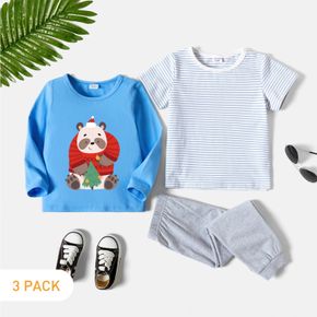 Weihnachten 3er-Pack Kleinkind Grafik Panda und Weihnachtsbaum Print Langarm T-Shirt & gestreiftes Kurzarm T-Shirt & Hose Set