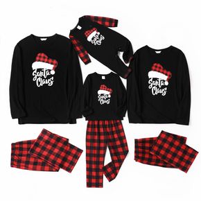 Christmas Hat and Letter Print Black Family Matching Long-sleeve Plaid Pajamas Sets (Flame Resistant)