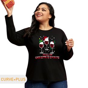 Christmas Women Plus Size Graphic Wine and Letter and Snowy Print Round Neck Long-sleeve Tee