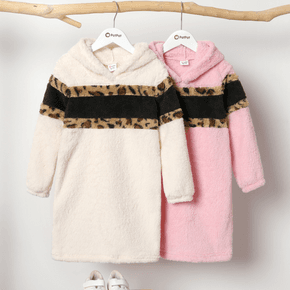 Kid Girl Leopard Print Colorblock Long-sleeve Fuzzy Hooded Sweatshirt Dress