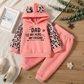 2-piece Toddler Girl Letter Leopard Print Fuzzy Ear Design Hoodie Sweatshirt and Pink Pants Set