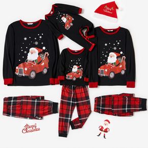 Christmas Santa in Car Print Black and Red Family Matching Long-sleeve Pajamas Sets (Flame Resistant)
