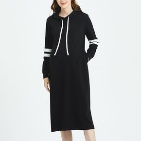 Maternity Contrast Striped Tape Long-sleeve Drawstring Hooded Dress