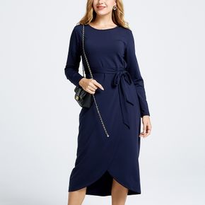 Asymmetrical Hem Long-sleeve Belted Midi Dress