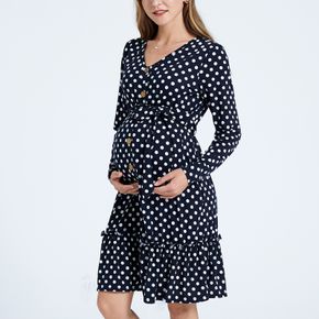 Nursing Polka Dots Pattern V-neck Long-sleeve Button Placket Dress