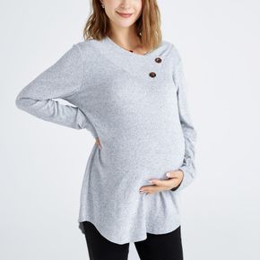 Maternity Grey Button Detail Round-collar Long-sleeve Pullover