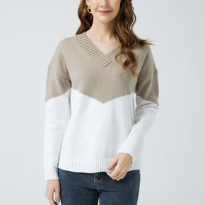 Two Tone V-neck Long-sleeve Sweater