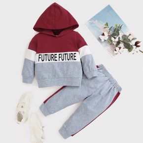 Baby 2pcs Letter Print Color Splice Hooded Long-sleeve Hoodie Top and Pants Burgundy Set