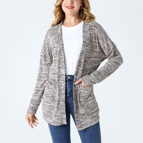 Women's Casual Grey Open Front Knit Cardigans Long Sleeve Plush Sweater Coat with Pockets