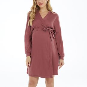 Maternity Surplice Neck Pure Color Long-sleeve Belted Nightgown