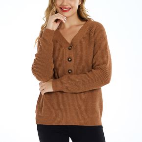 Brown V Neck Half Button Long-sleeve Rib Knit Sweater