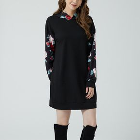 Contrast Floral Print Long-sleeve Pocket Hooded Sweatshirt