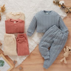 Solid Jacquard Long-sleeve Pullover Top and Pants Pink or Beige or Blue Toddler Set