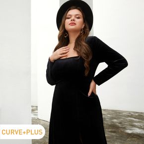Women Plus Size Sexy Square Neck Slit Long-sleeve Black Velvet Dress