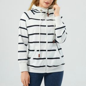 Stripe Print Dual Pocket Zip Placket Drawstring Hooded Sweatshirt