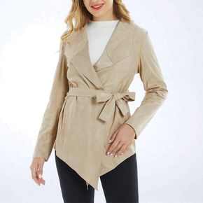 Khaki Waterfall Collar Long-sleeve Cardigan Coat