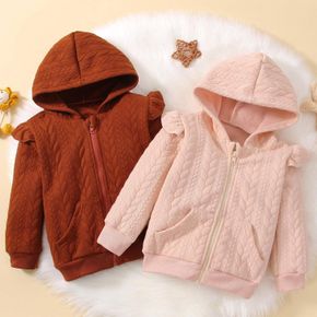 Toddler Girl Ruffled Cable Knit Textured Zipper Hooded Coat Jacket