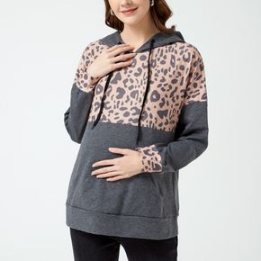 Maternity Leopard Panel Kangaroo Pocket Drawstring Hoodie