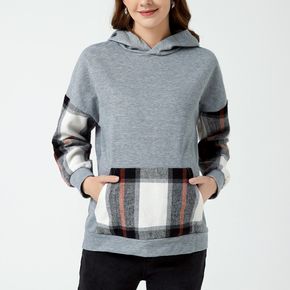 Maternity Plaid Panel Long-sleeve Kangaroo Pocket Hooded Sweatshirt