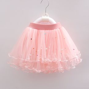 Colorful Pearls Decor Mesh Layered Pink or White or Yellow Toddler Skirt
