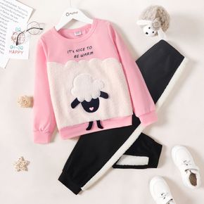 2-piece Kid Girl Letter Print Fuzzy Animal Sheep Pattern Pink Sweatshirt and Colorblock Pants Set