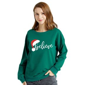 Christmas Women Graphic Christmas Hat and Letter Print Round-collar Long-sleeve Pullover
