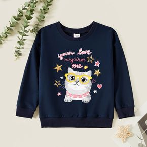 Kid Girl Graphic Cat and Stars and Letter Print Long-sleeve Pullover