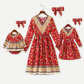 Red All Over Vintage Floral Print V Neck Long-sleeve Dress for Mom and Me
