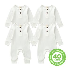 4pcs Baby Boy/Girl White Ribbed Long-sleeve Snug-fit Jumpsuit Set