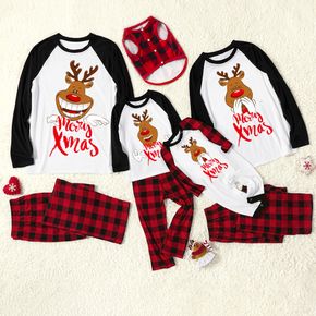 Christmas Cartoon Reindeer and Letter Print Family Matching Raglan Long-sleeve Plaid Pajamas Sets (Flame Resistant)