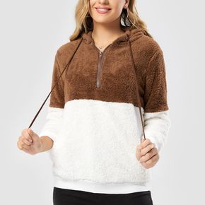 Two Tone Long-sleeve Fuzzy Drawstring Hooded Sweatshirt