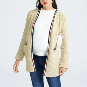 Maternity Stripe Splice Solid Color Plush Fleece Cardigan Coat