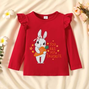 Toddler Girl Graphic Rabbit and Stars and Letter Print Ruffled Long-sleeve Tee