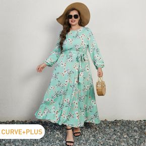 Women Plus Size Vacation Floral Print Round-collar Belted Long-sleeve Dress