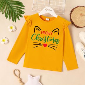 Christmas Kids Girl Graphic Cat & Letter Print Long-sleeve Ruffled Tee