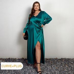 Women Plus Size Sexy Surplice Neck Wrap Slit Long-sleeve Dress