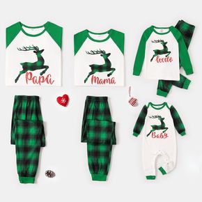 Christmas Green Plaid Reindeer and Letter Print Snug Fit Family Matching Raglan Long-sleeve Pajamas Sets