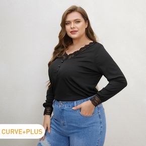 Women Plus Size Basics Lace Design V Neck Long-sleeve Tee