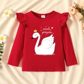 Toddler Girl Graphic Swan and Heart and Letter Print Ruffled Long-sleeve Tee