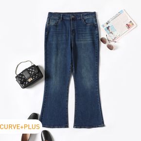 Women Plus Size Basics Button Design Denim Flared Jeans