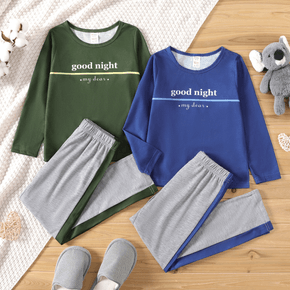 2-piece Kid Boy Letter Print Long-sleeve Tee and Colorblock Pants Pajamas Lounge Set