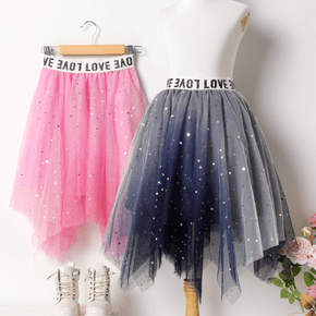 Kid Girl Letter Print Glitter Design Gradient Color Irregular Hem Mesh Skirt