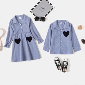 Sibling Matching 100% Cotton Love Heart Pocket Blue Striped Long-sleeve Sets