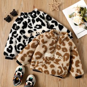 Leopard and Letter Print Stand Collar Fluffy Long-sleeve Khaki or Black and White Toddler Coat Jacket